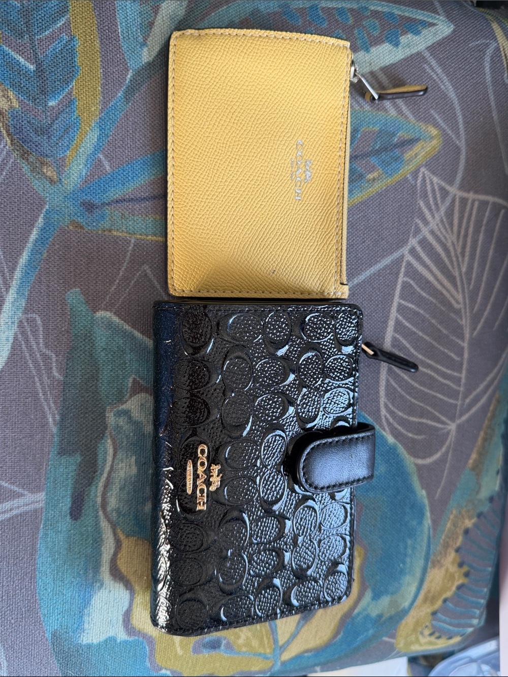 Coach Black Patent Signature Wallet with Yellow Zip Card Case